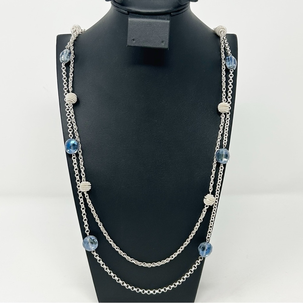 Modern Monet Silver Tone Swirl and Blue Rhinestone Beaded Layered Long Necklace